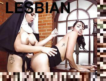 Wild lesbian sex is the result of slutty nun punishing a hot teen