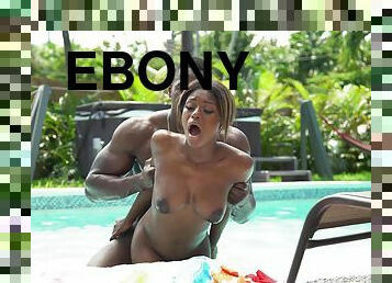 Ebony teen screams while being blacked by the pool