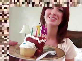 Redhead sucks a dick on her birthday