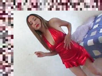 Big Asian tits look great in shiny red outfit
