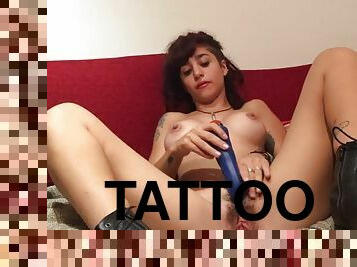 Tattooed babysitter uses a dildo for her own pleasure