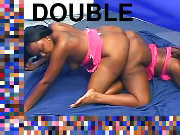 Double dildo shared by black BBWs