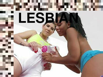 Soaking Lesbian Pussy Gets Fucked: young interracial lesbians sharing water bottle and pussy juices