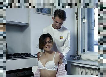 Horny amateur Alex Swon gives head and gets fucked in the kitchen