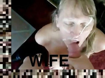 Horny blonde wife sucking dick and get a big facial