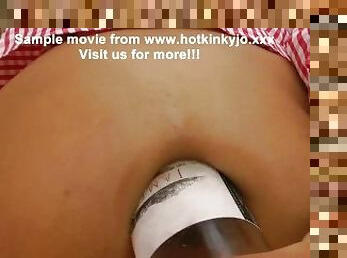 Hotkinkyjo in pink checkered dress take wine bottle anal & prolapse at ruined hut