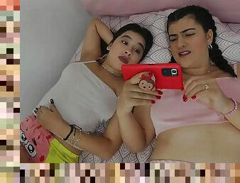 Bisexual stepsisters get horny watching a lesbian video - Porn in Spanish