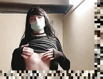 Crossdressing in a public toilet ends up touching myself