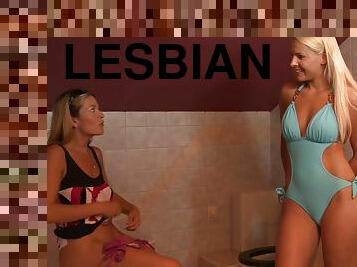 Stunning hot lesbians kissing and caressing nicely at the pool