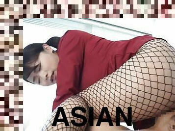 Fishnet-clad Asian slut with a curvy body getting her pussy licked