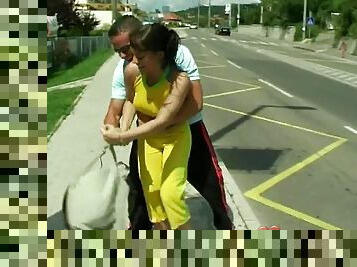 Jogging sweetheart with nice natural tits gets rammed deep