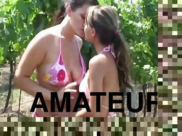 Beautiful amateur teens picking fruits and having lesbian sex outdoors