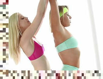 All natural lesbian blondes working out and licking each other's pussy