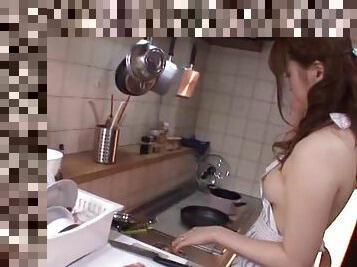 She makes lunch in the nude then sucks her man's cock