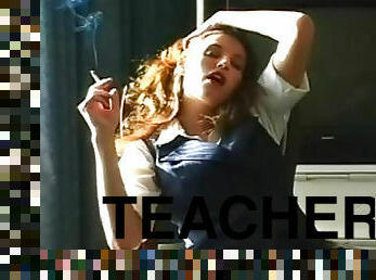 Smoking teacher shows her sexy legs