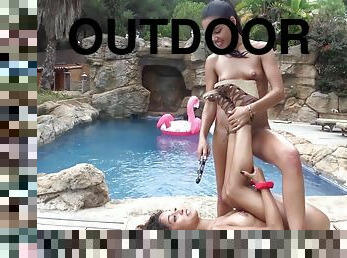 Outdoor FFM threesome by the pool - Apolonia Lapiedra & Scarlet Rebel