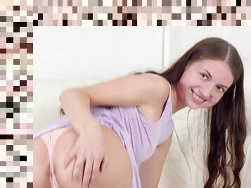 Shy amateur Taylor Krystal drops her purple drees to masturbate