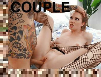 Tattooed dude with a huge dick fucks HOT Ashley Lane in fishnet