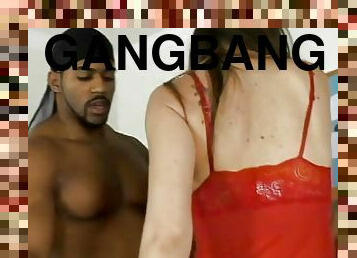 Interracial gangbang with four black studs and petite brunette slut