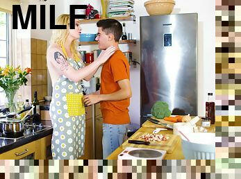 Wannabe stud fucking the MILF Carly Rae hard from behind in the kitchen