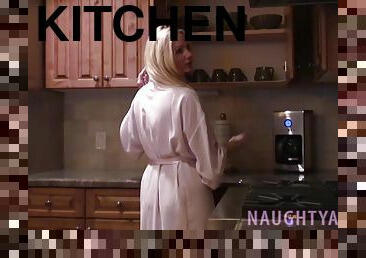 NaughtyAllie plays with her tight pink pussy in the kitchen for a morning orgasm