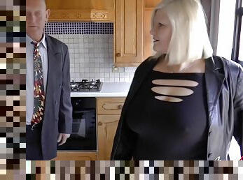 Hot and busty mature blonde Lacey Starr is sucking hard dick of gentleman