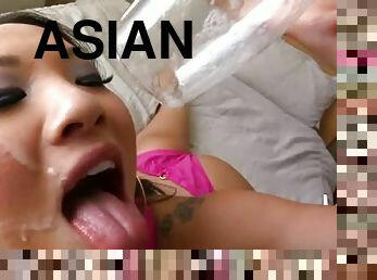 Down her Asian throat the big cock goes