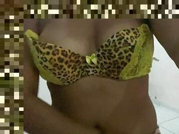 hot brunette showing huge breasts and her leopard bra