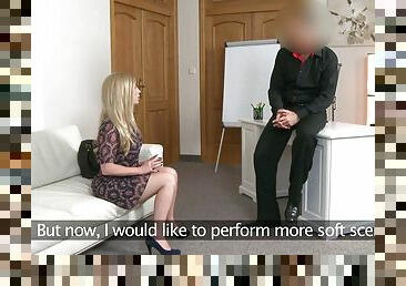 Blonde cutie gets facialized by fake casting agent