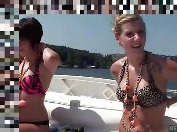 Topless small tits chicks on house boat