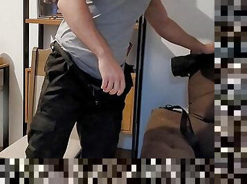 military dom gets ready for work, puts on uniform and boots 