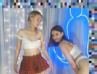 Two teen brunette angels slutty in miniskirt