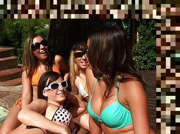 Pool party leads babe in bikini getting banged hardcore in group sex