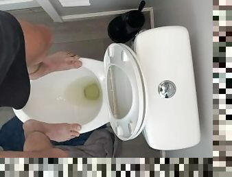 High on pot and fit to bust standing on public toilet desperate to piss open wide drink up piss slut