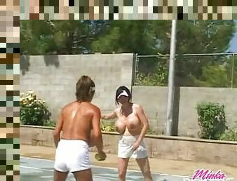 Topless ladies with fake tits on the tennis court