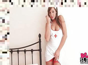 White latex nurse babe in fishnets and boots
