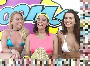 AJ, Keisha and Violet share and gag on cock