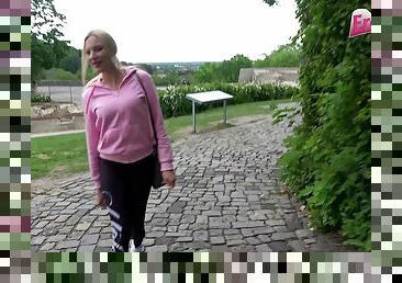 German skinny blonde amateur teen in public
