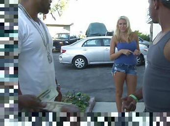 Blonde bombshell in shorts Katie Summers gangbanged by black dudes