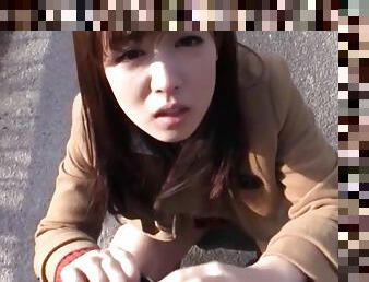 Sakura Miyuki drops on her knees for an outdoor cock sucking game