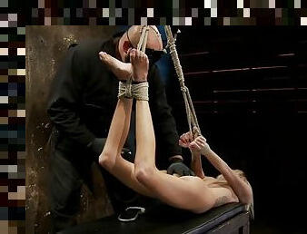 Blonde slave suffers hogtie suspension Rene Phoenix