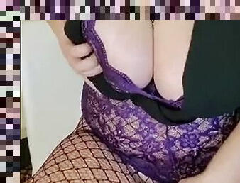 Pussy pumping and play in purple lingerie - Chubby busty brunette MILF fingering lover X Gina