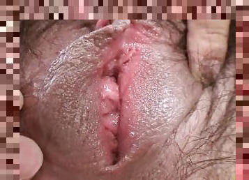 Drilling down her pink pussy covered with hair waiting to be cum covered