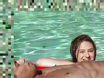 Bikini girls in the pool suck on his big black cock