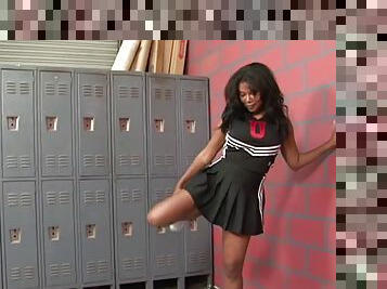 Foxy ebony cheerleader swallows cum after being gang banged in the locker room