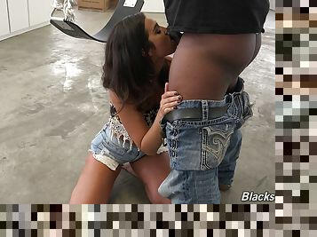 Thick black cock empties a hot creampie into her shaved pussy