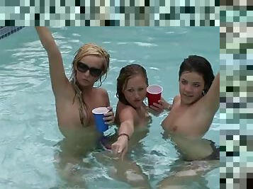 Four hot girls get naked in my pool