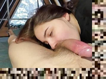 Beautiful deep blowjob, couldn't resist and cum in pussy
