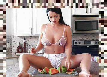 Solo brunette with big tits having fun in the kitchen - Nadia