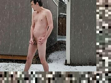 Masturbating outdoors under heavy snowfall